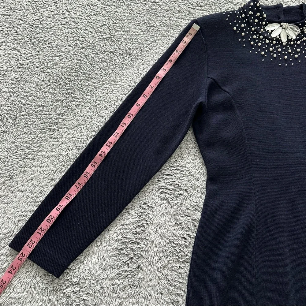 OUTLANDER Pearl & Jewel Trim Knit Dress Sz M Navy V-Back Long Sleeve